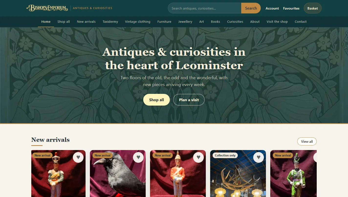 The Bishops Emporium webstore home page, showing the shop introduction and new arrivals
