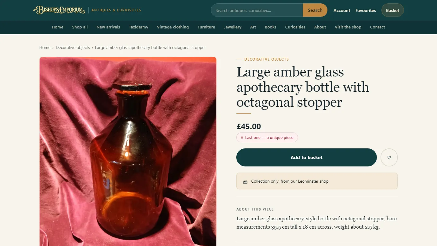 A product page for an amber glass apothecary bottle with photograph, description, price and collection details