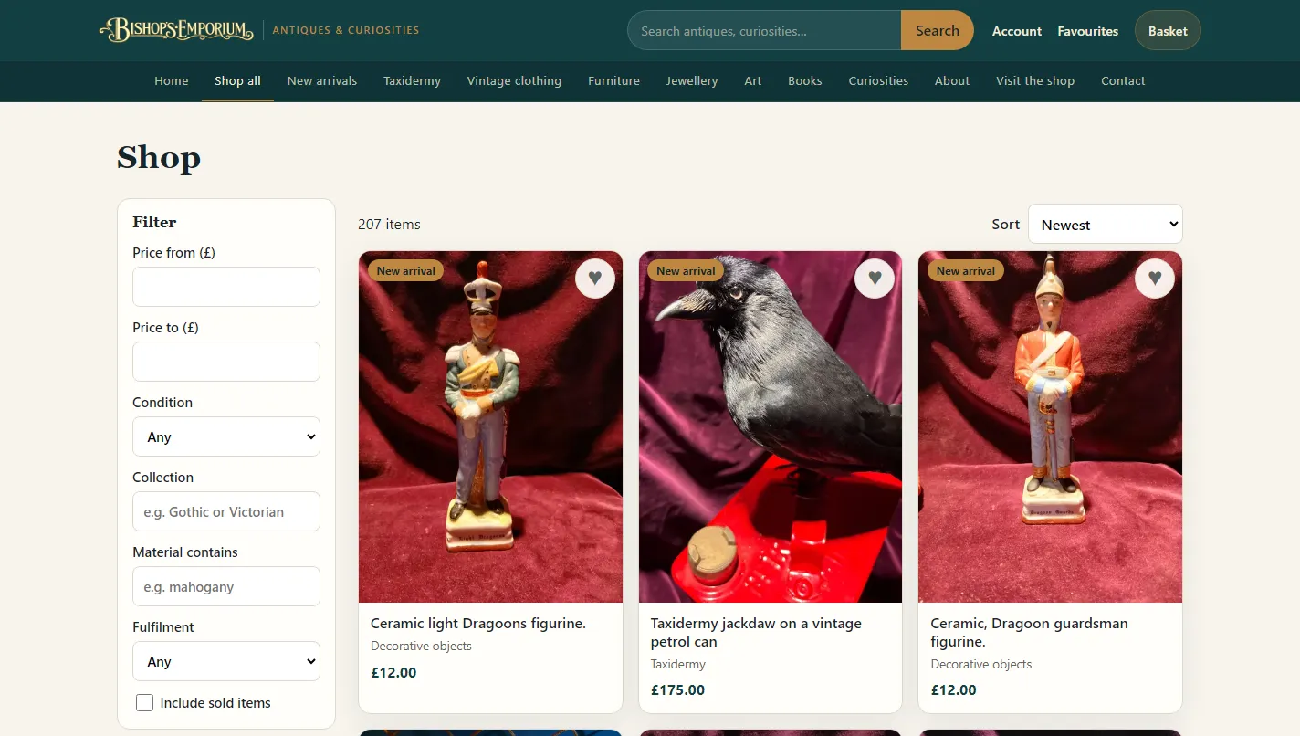 The shop listing page with category filters and product cards